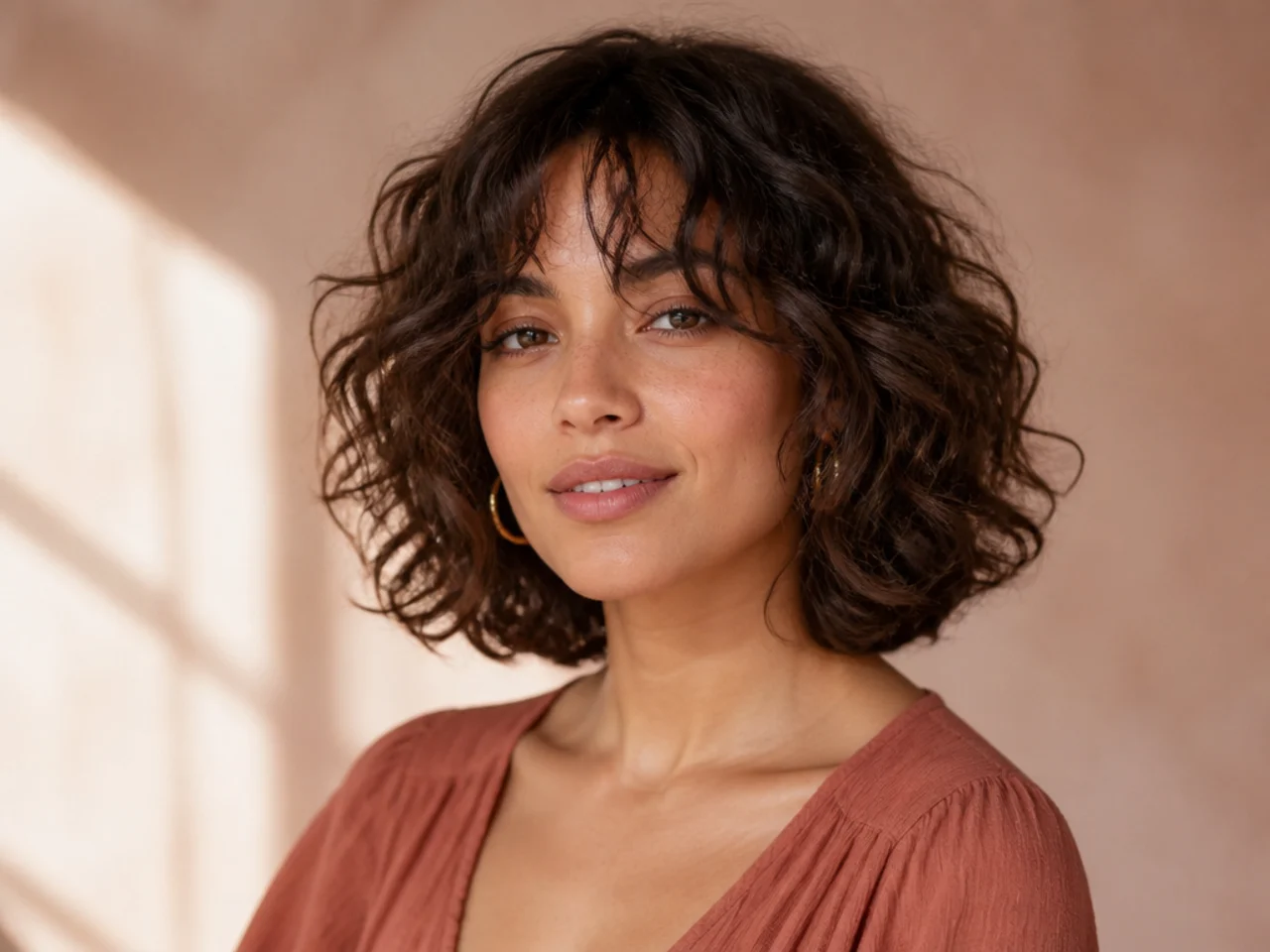 Curly Bob with Curtain Bangs for Effortless Charm