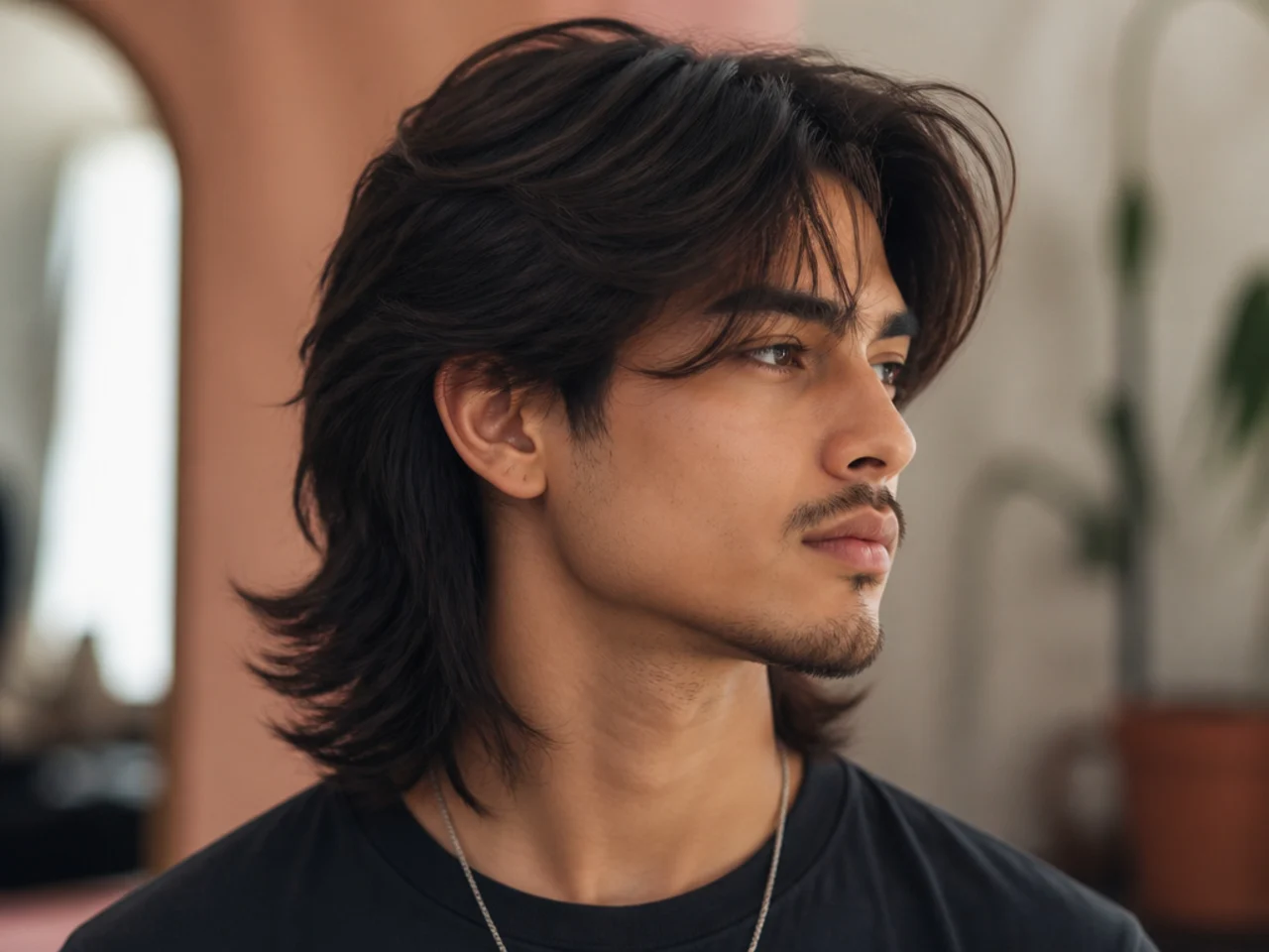 realistic photo of a long layered wolf cut with side-swept bangs, light caramel hair, flattering for heart-shaped faces, showcasing soft layers falling below the shoulders