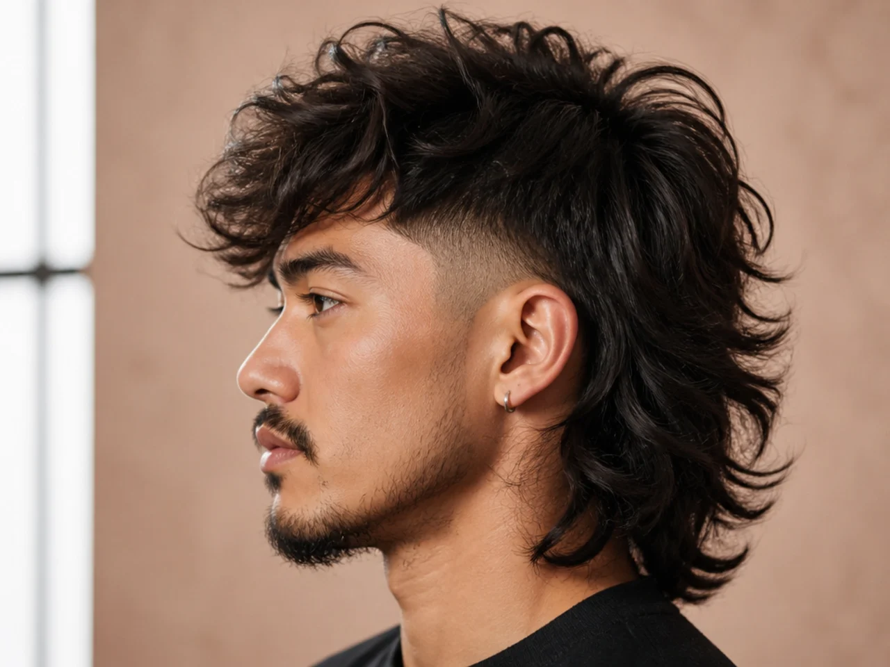 realistic photo of an edgy long wolf cut with an undercut design, dark black hair, ideal for heart-shaped faces, showcasing a dramatic side part and slicked-back top