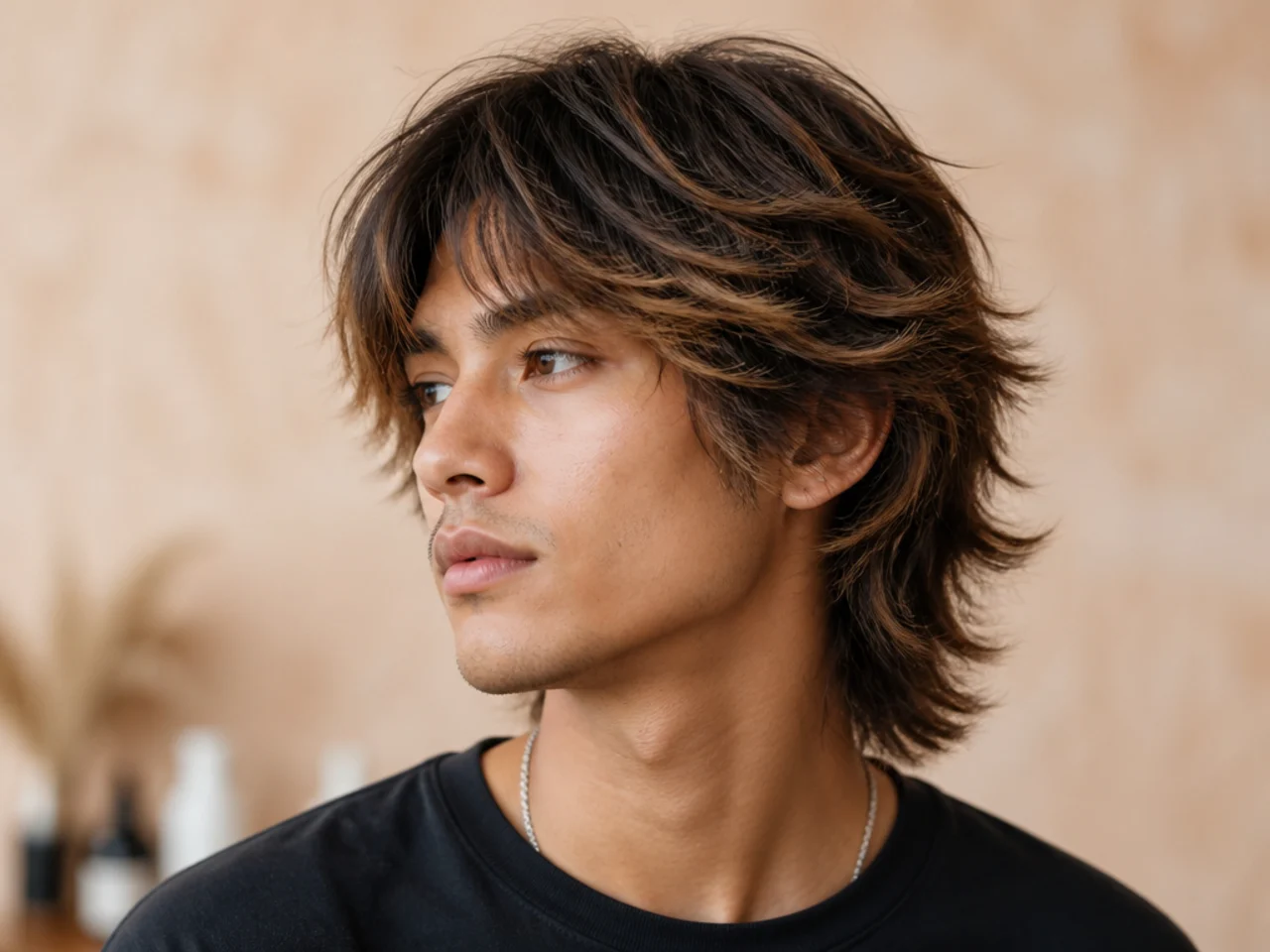 realistic photo of a textured wolf cut featuring balayage highlights, medium chestnut hair, ideal for square face shapes, with highlights that enhance the layered structure