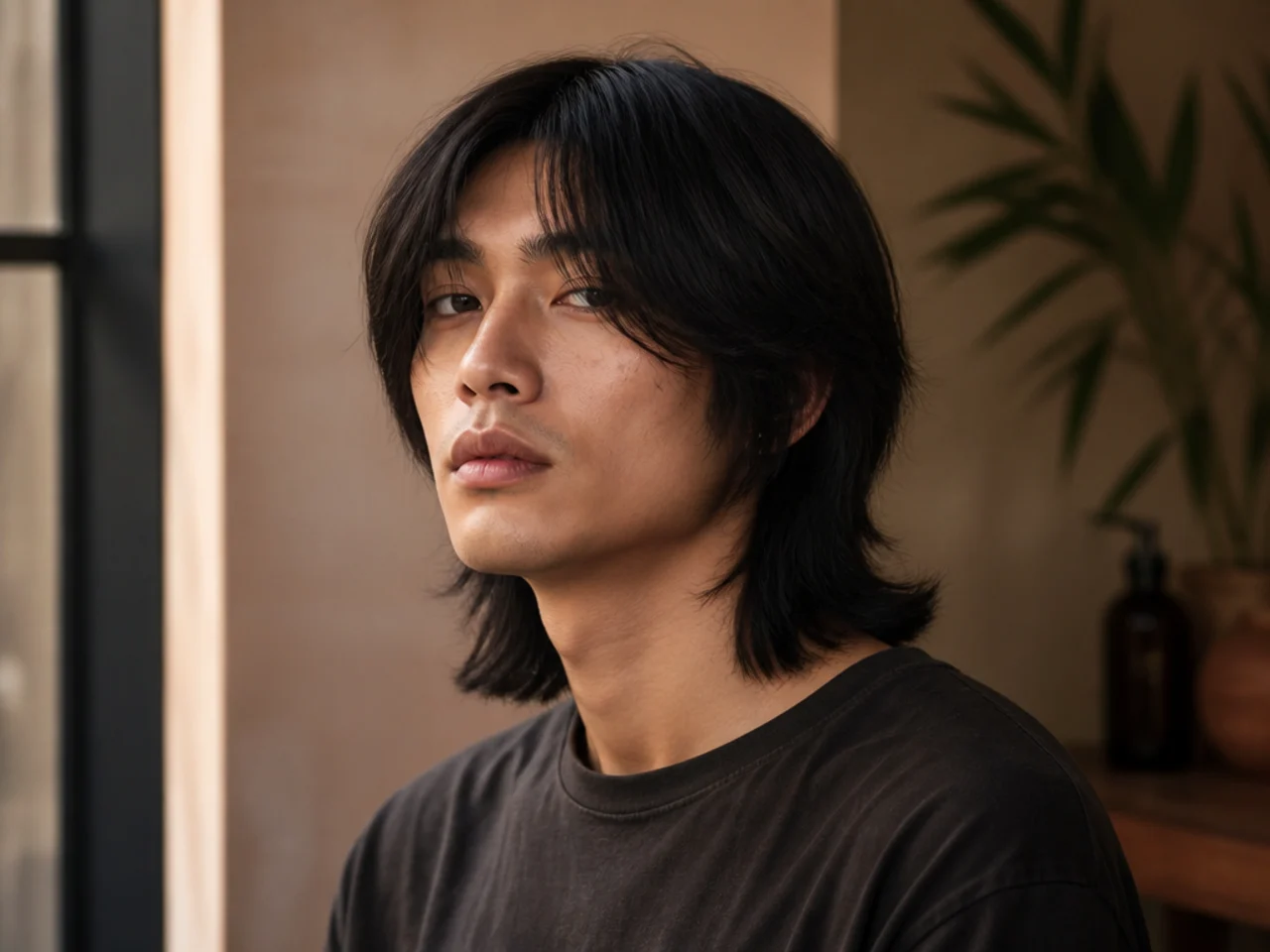 realistic photo of a classic wolf cut with blunt ends, dark blonde straight hair, fits rectangular face shapes, displaying a sleek look with minimal layering