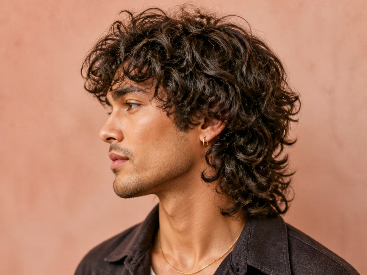 realistic photo of a curly wolf cut, dark curly hair, suitable for round to oval face shapes, showcasing voluminous curls and layers enhancing the natural bounce