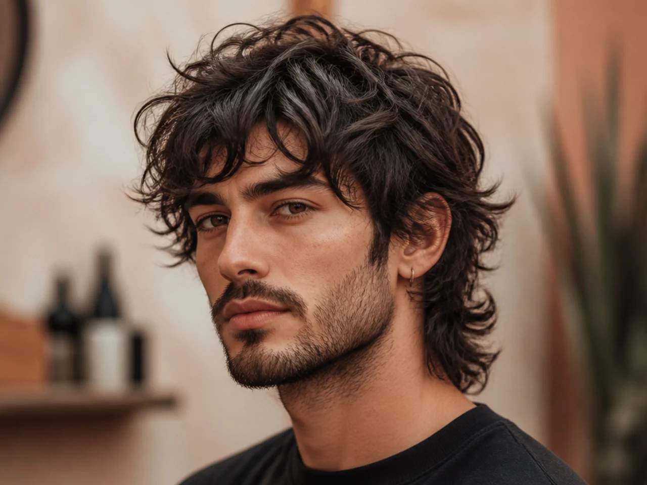 realistic photo of a messy wolf cut, medium ash brown hair, ideal for oval face shapes, featuring unkempt layers and a relaxed style