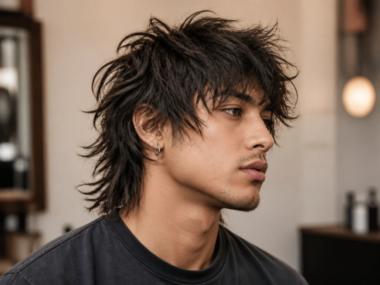 realistic photo of a choppy wolf cut, platinum blonde hair, suits more angular face shapes, characterized by rough layers and edgy texture