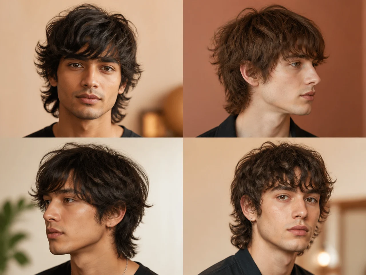 realistic photo of a textured wolf cut with choppy layers, a light brown color, styled with side-swept bangs, suited for an oval face shape