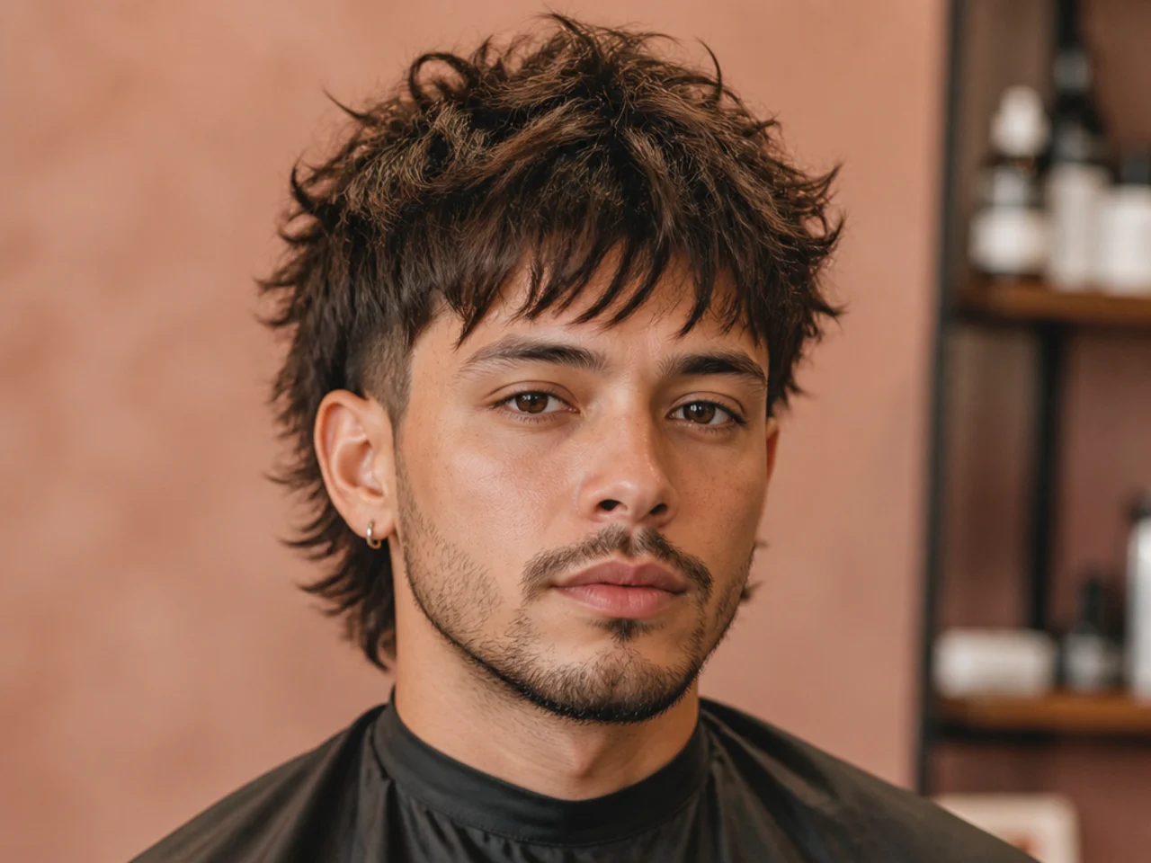 realistic photo of a blunt shag cut with tapered sides, jet black color, framing the jawline to soften angles
