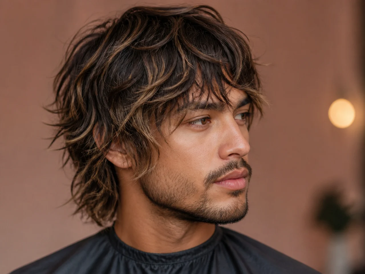realistic photo of a choppy shag with balayage highlights, medium brown base with caramel highlights, bringing out the texture beautifully