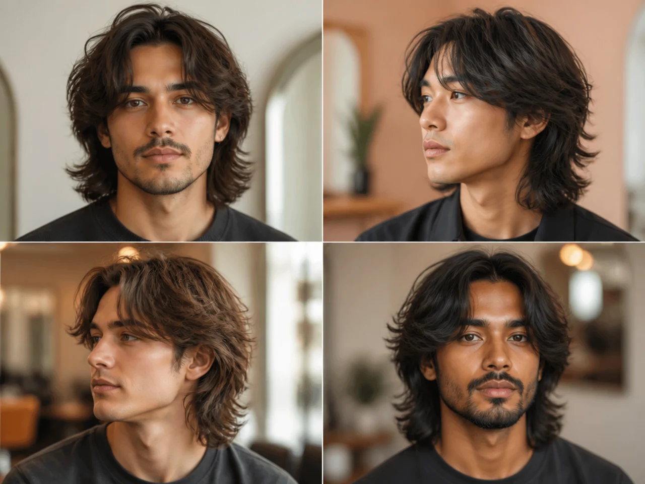 realistic photo of a shoulder-length wolf cut with face-framing layers, a soft caramel color, accentuating cheekbones and chin