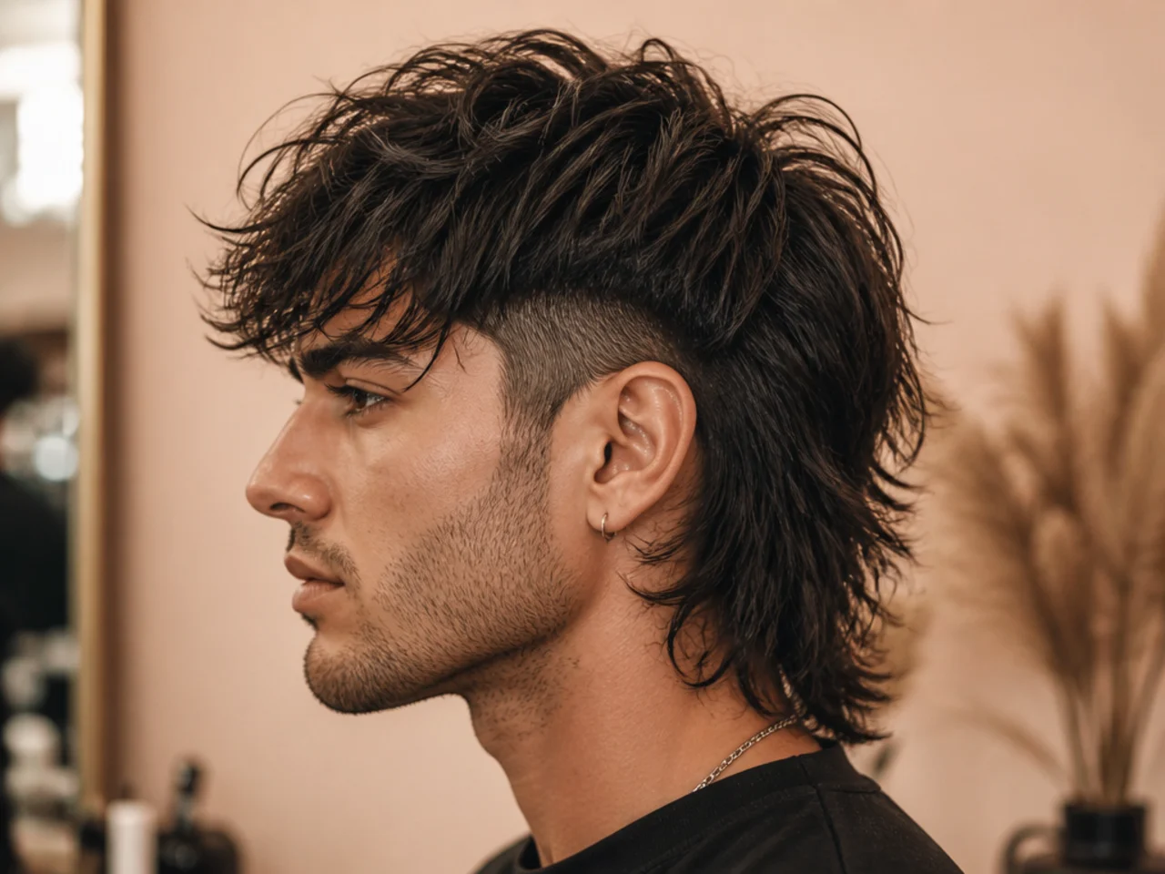 realistic photo of a messy shag with an undercut, deep burgundy color, displaying a striking contrast between the two lengths