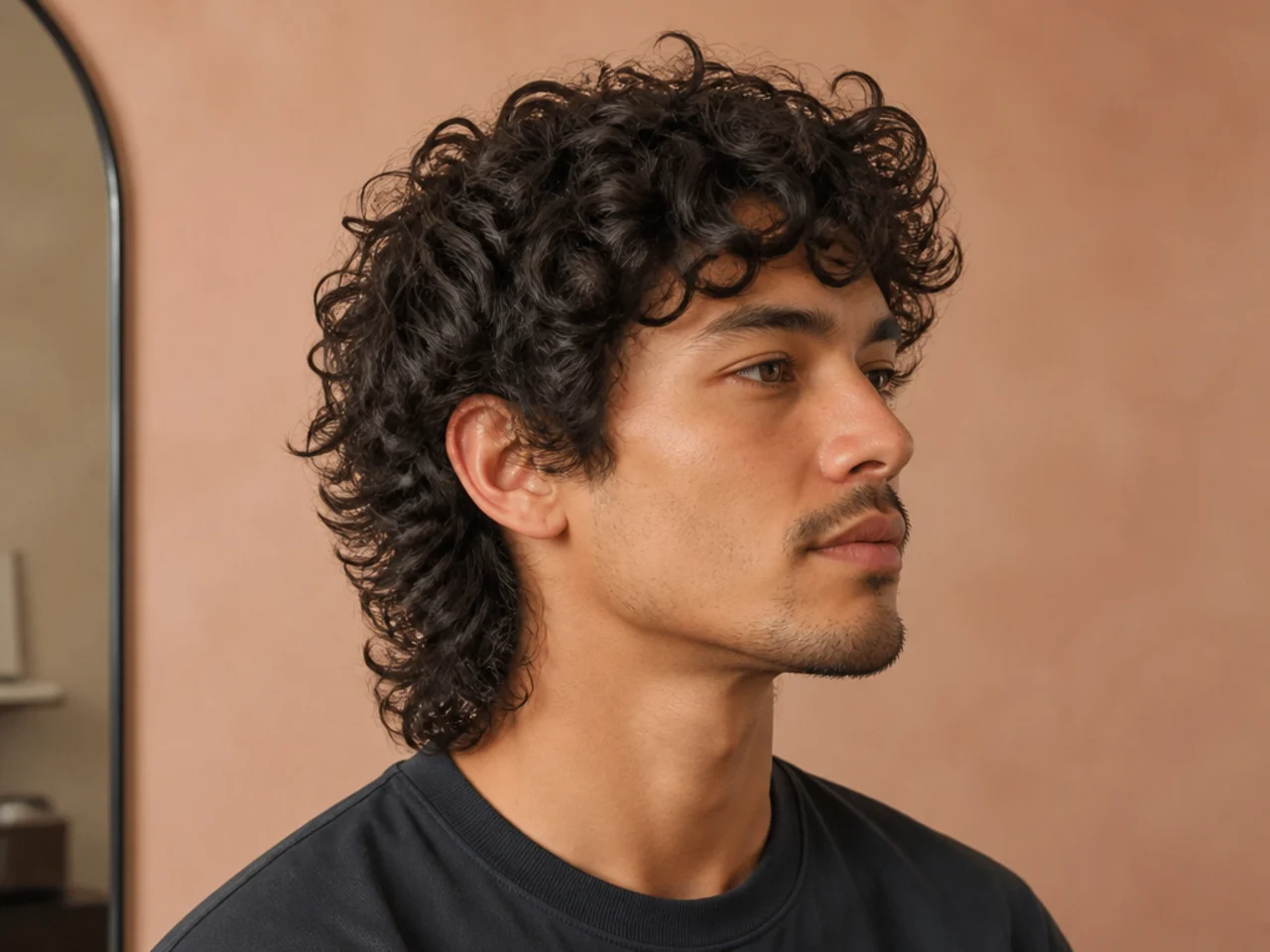 realistic photo of a curly wolf cut with layered curls, rich chocolate color, showcasing bouncy and loose curls all over