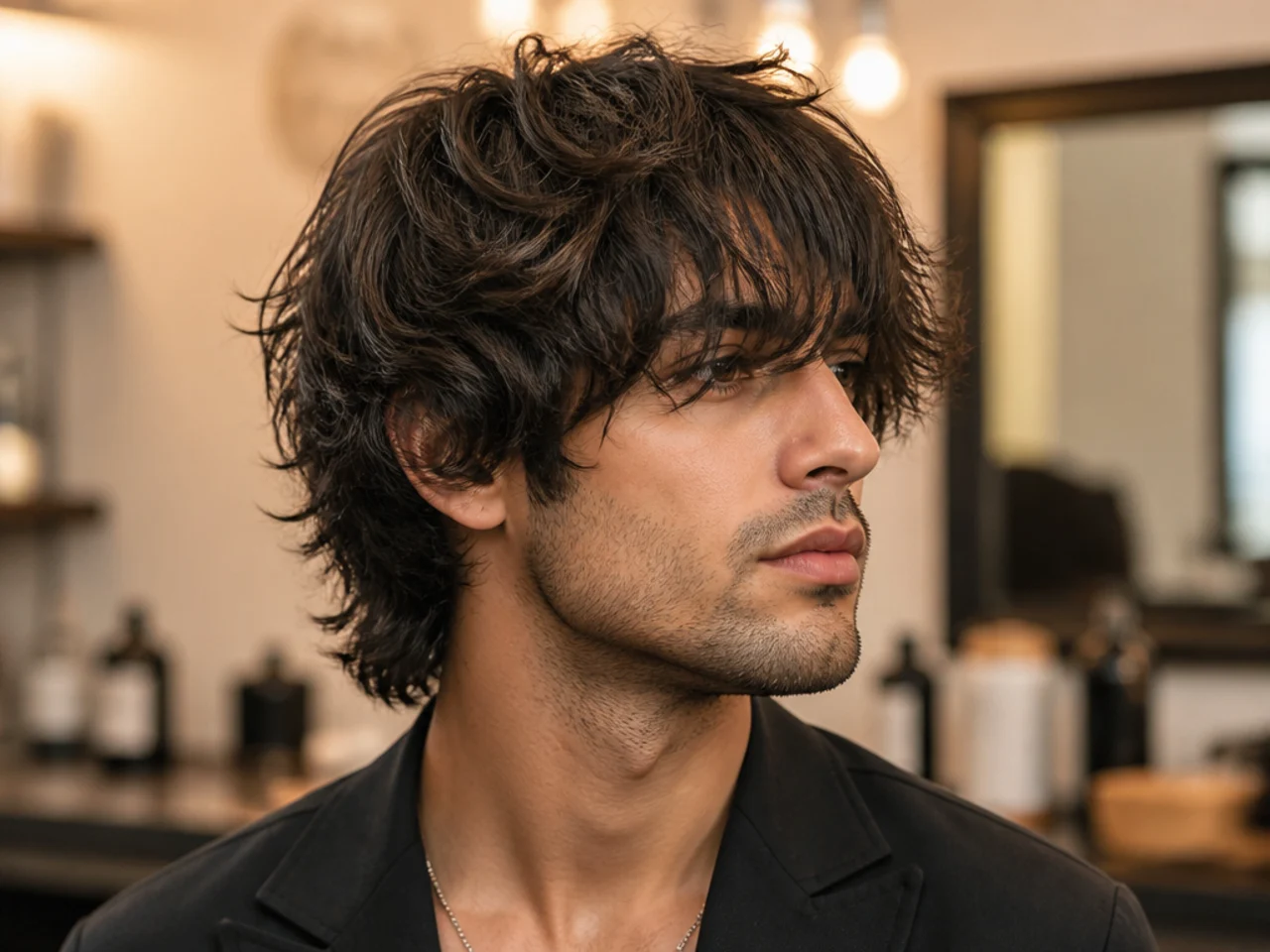 realistic photo of a softly textured shag with long bangs, light ash brown color, showcasing fullness and a dynamic shape