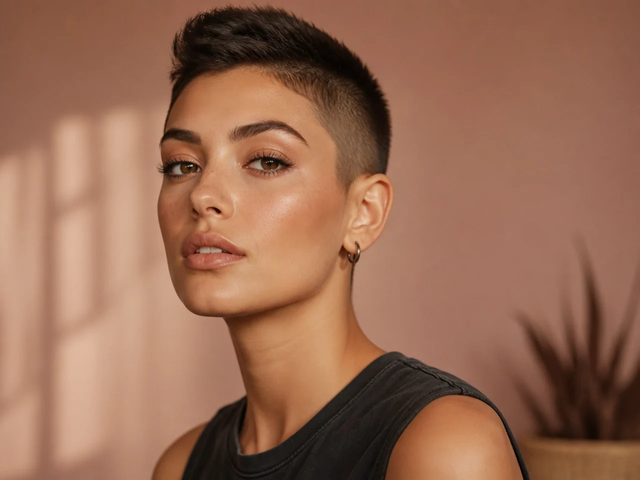 realistic photo of a fauxhawk style buzz cut, longer back and top with shaved sides, dark hair, edgy and stylish