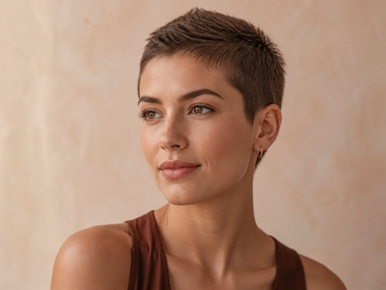 realistic photo of a windswept buzz cut, slightly longer on top and tousled, light brown hair, relaxed and casual look
