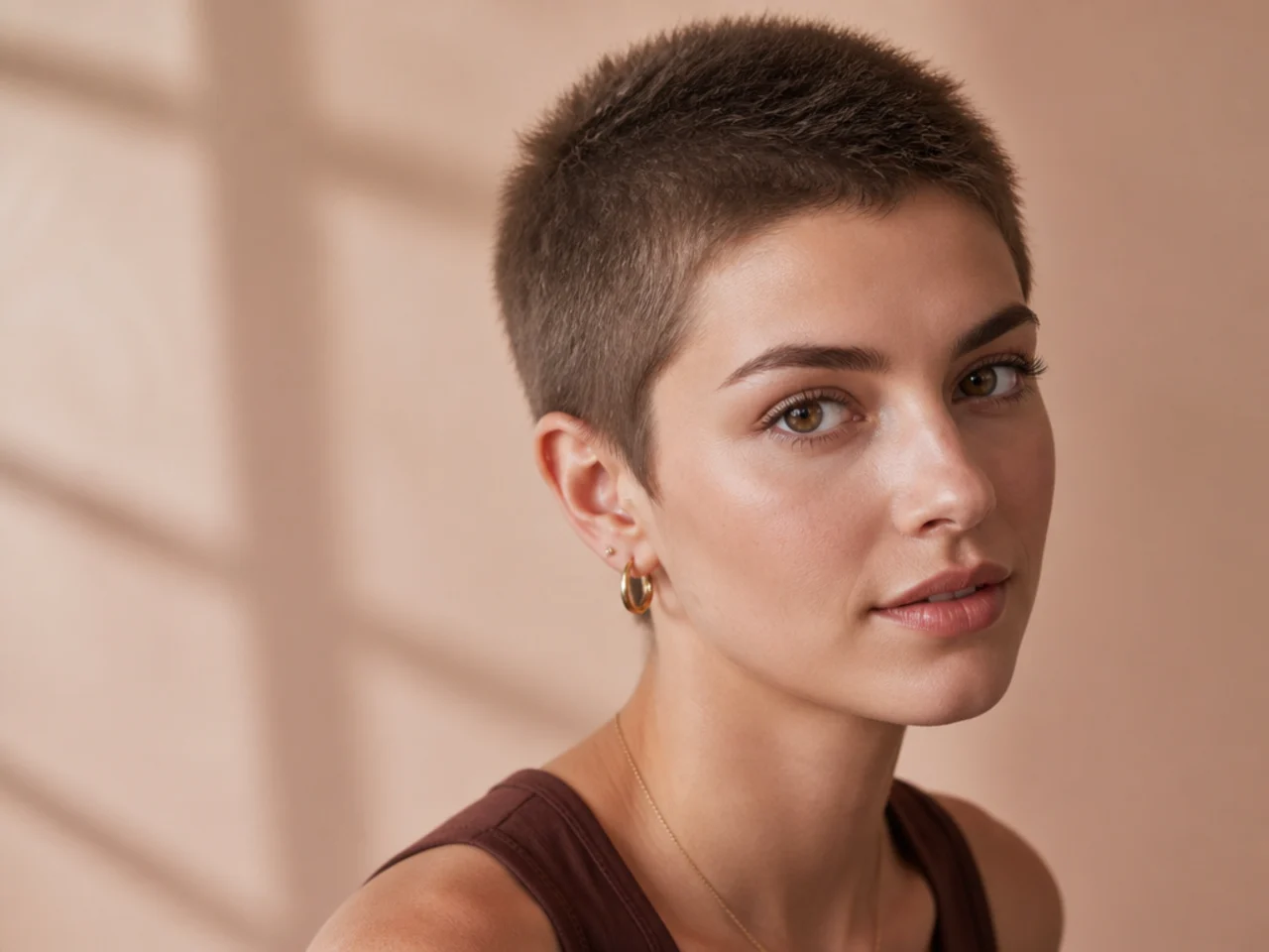 realistic photo of a fluffy buzz cut, a bit longer, layered on top, soft blonde hair, fresh and airy appearance