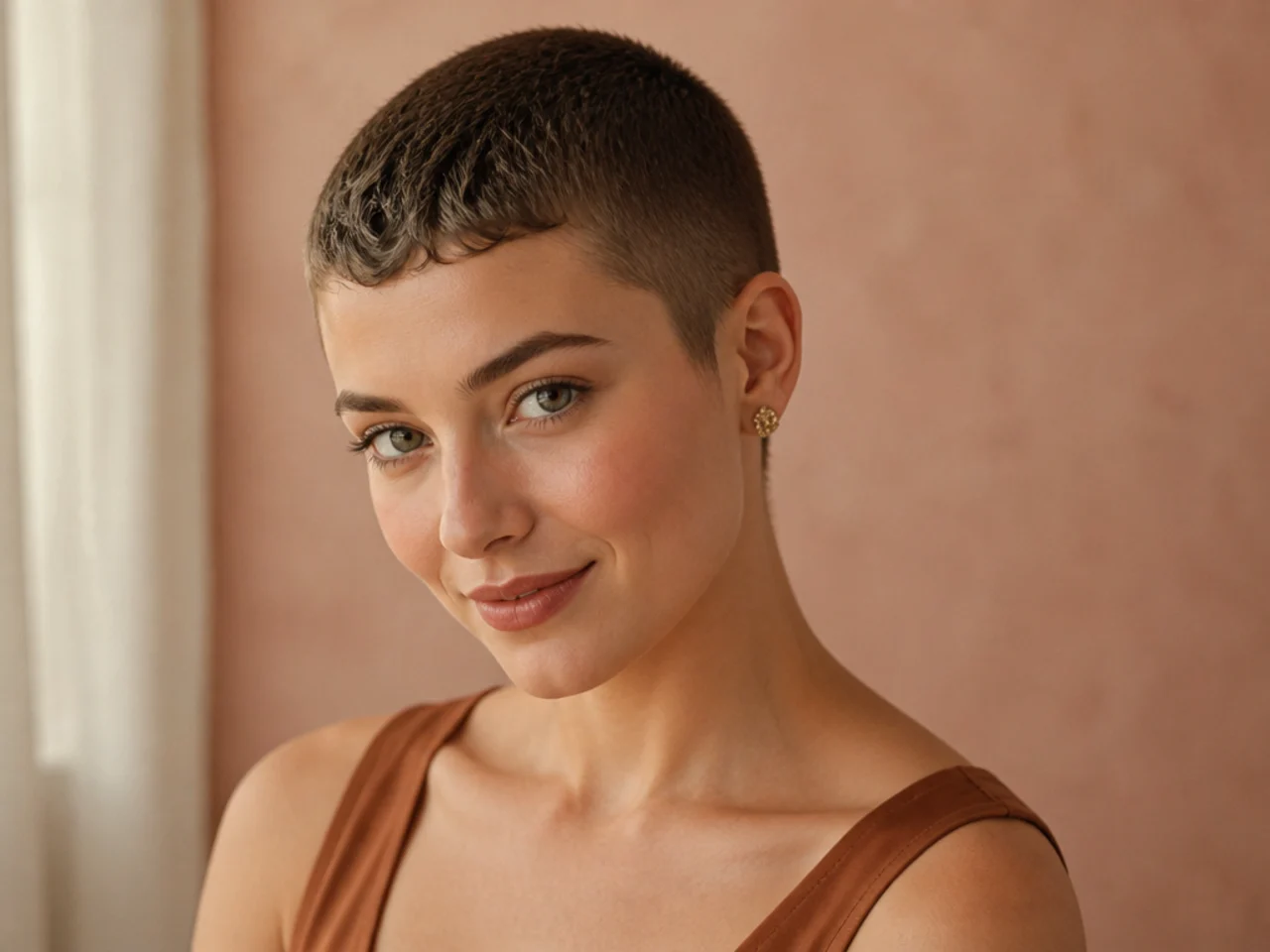 realistic photo of a vintage-inspired buzz cut, softer edges with subtle curls, light brown hair, playful and stylish