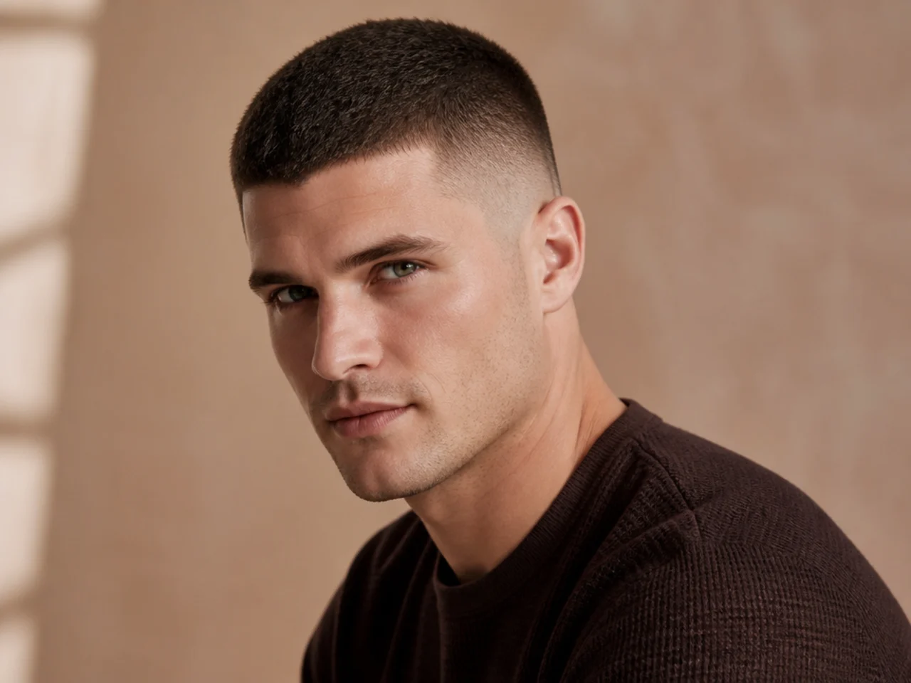 realistic photo of a buzz cut with faded undercut, short on top with faded sides, deep black hair, square face, strong jawline