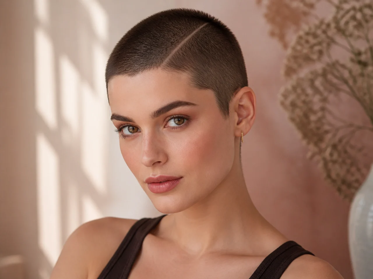 realistic photo of a buzz cut styled with a side part, short on the sides with a long top, light brown hair, heart-shaped face, soft look