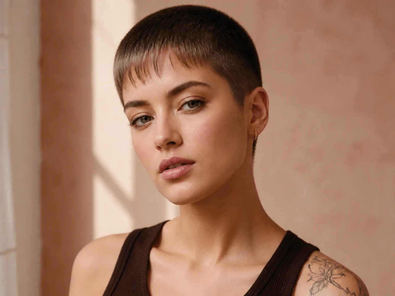 realistic photo of a buzz cut with wispy fringe, brushed forward on the fringe, dark brown hair, triangular face, playful texture
