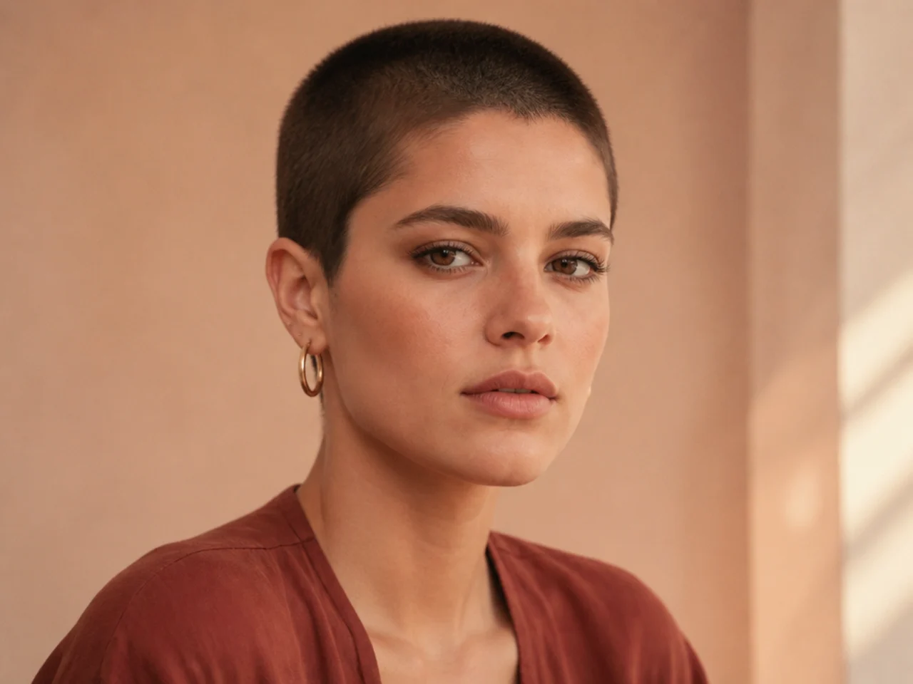realistic photo of a long buzz cut, longer on top than sides, auburn hair, oblong face, versatile and relaxed style