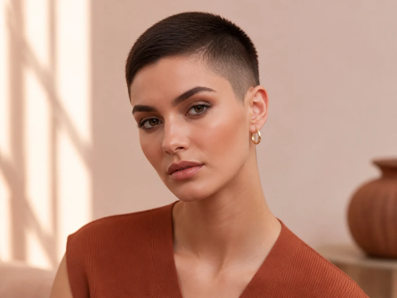 realistic photo of an asymmetrical buzz cut, shaved one side with longer top, black hair, diamond face, fashion-forward vibe