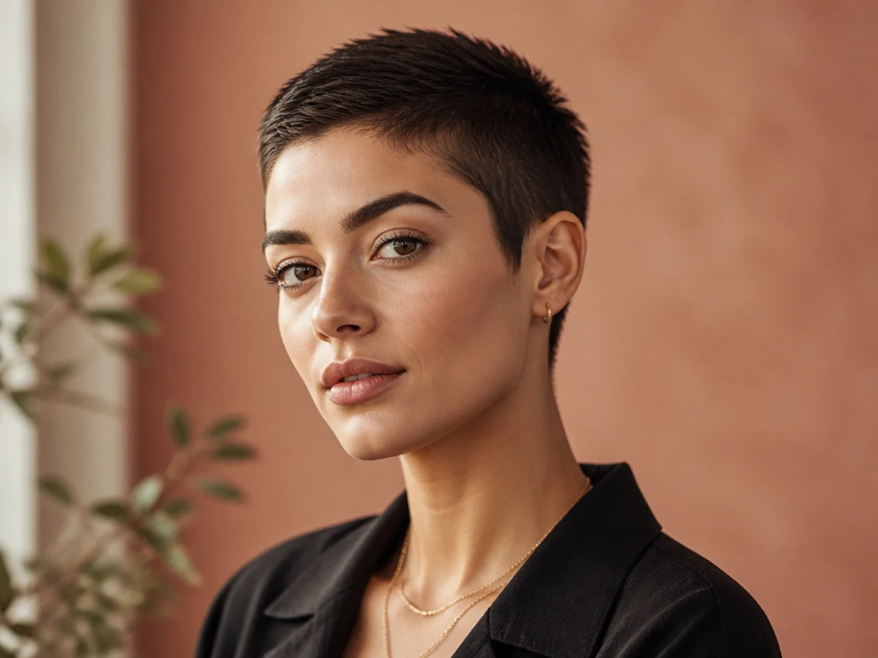 realistic photo of a textured buzz cut, short but layered on top, medium brown hair, thick hair texture, casual appearance