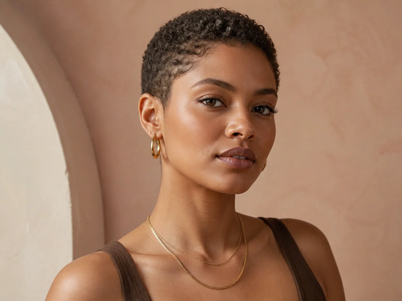 realistic photo of a buzz cut on naturally curly hair, close-cropped on sides, dark curly hair, oval face, frizz-free and textured