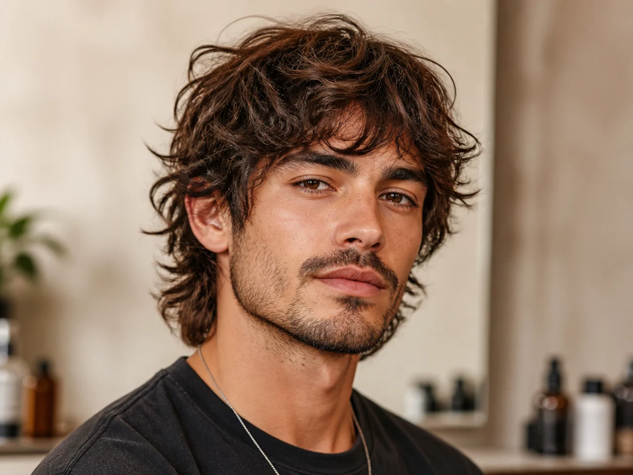 realistic photo of a messy wolf cut with natural waves, sun-kissed light brown hair color, perfect for various face shapes, casual beachy style