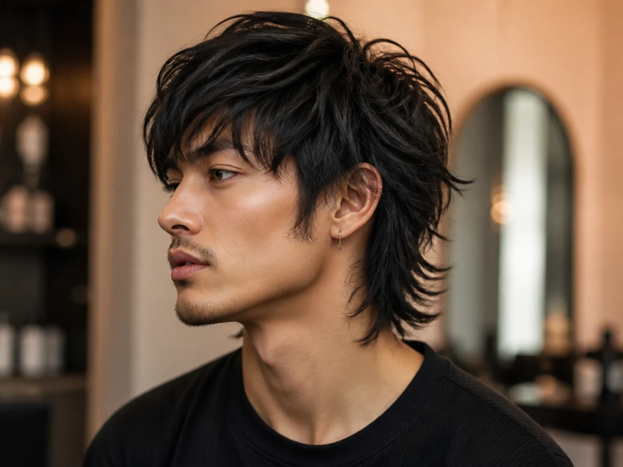 realistic photo of an edgy wolf cut with asymmetrical layers, vibrant red hair color, suitable for a range of face shapes, avant-garde and striking style