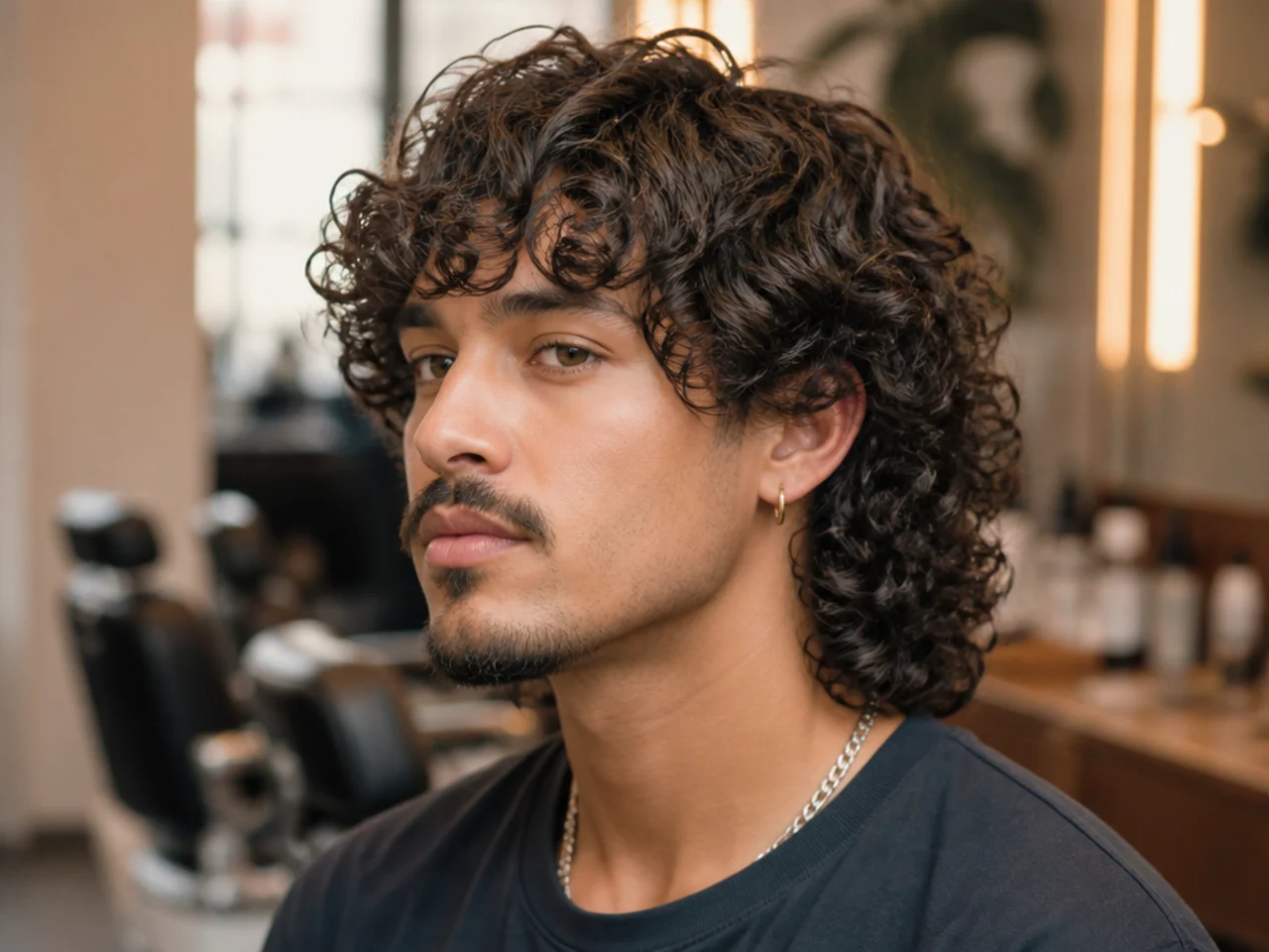 realistic photo of a playful wolf cut with curly layers, deep black hair color, designed for curly hair types, lively and bubbly style