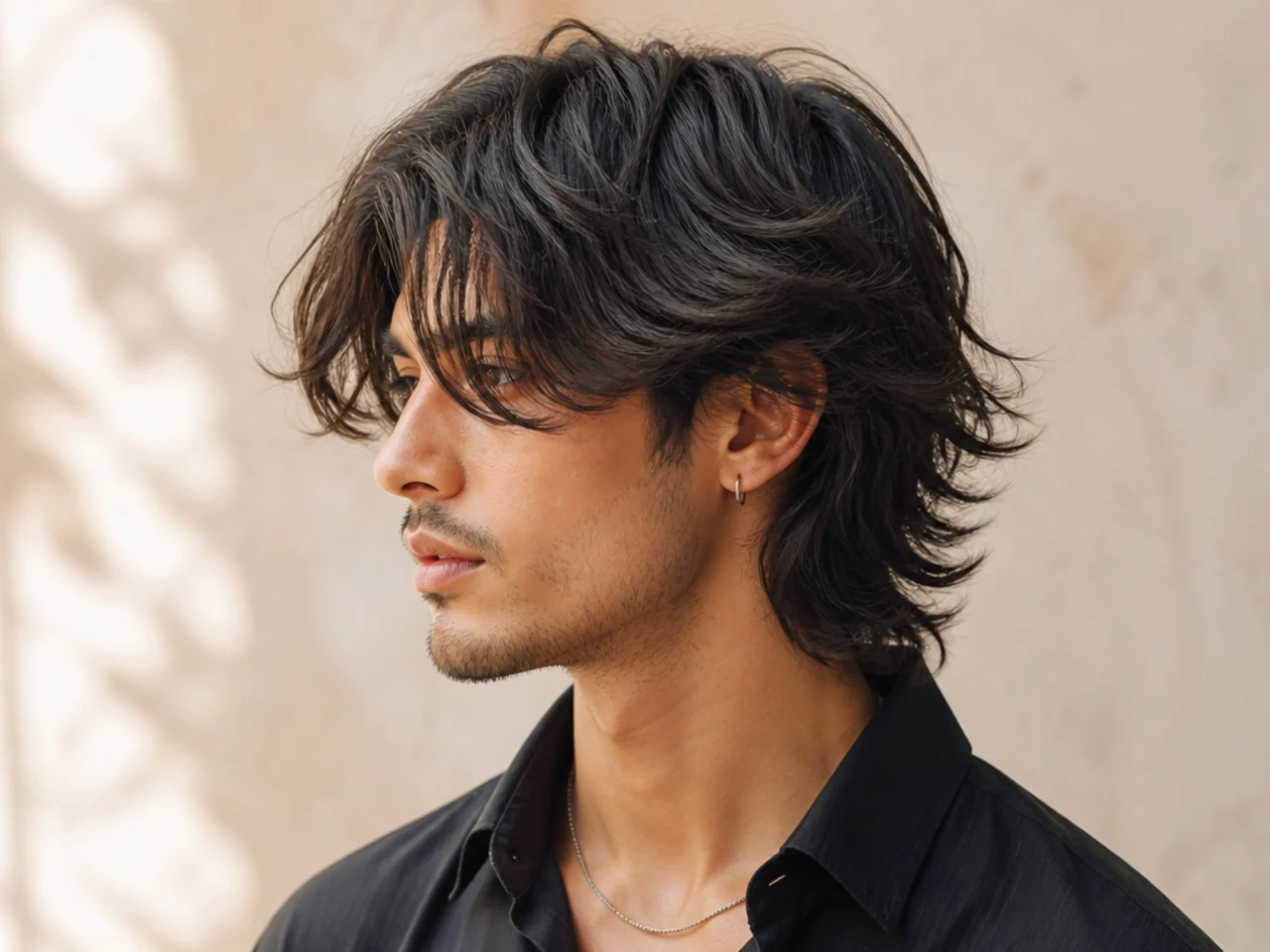 realistic photo of a classic wolf cut with long bangs, soft copper hair color, flattering for any face shape, timeless and polished style