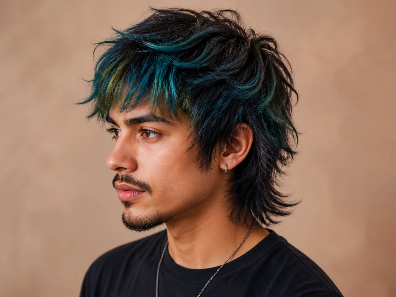 realistic photo of a vibrant wolf cut with bold colors, bright blue hair color, suitable for all face shapes, playful and adventurous style