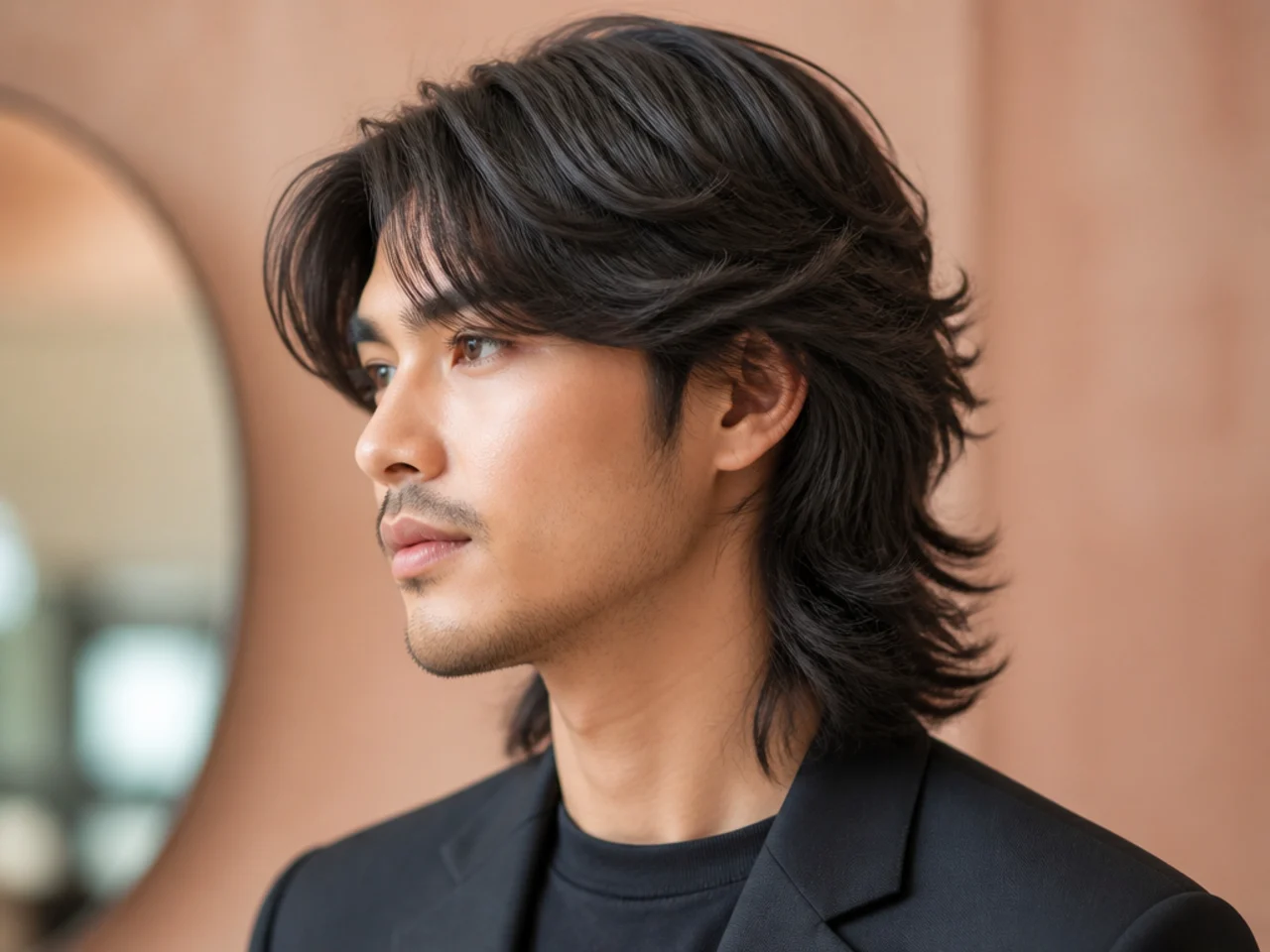realistic photo of a chic wolf cut with side swept bangs, rich mahogany hair color, flattering for oval and heart-shaped faces, polished and professional style