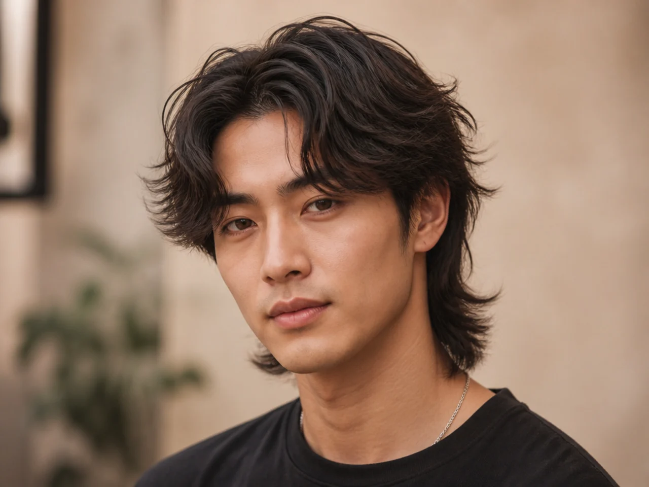 realistic photo of a tapered wolf cut with curtain bangs, dark auburn hair color, flattering heart-shaped face, trendy and sleek style