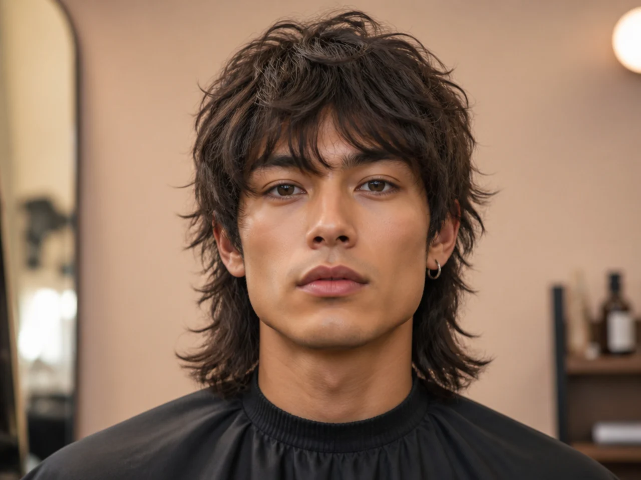 realistic photo of a textured wolf cut with blunt ends, soft black hair color, suited for square face shape, modern and edgy style