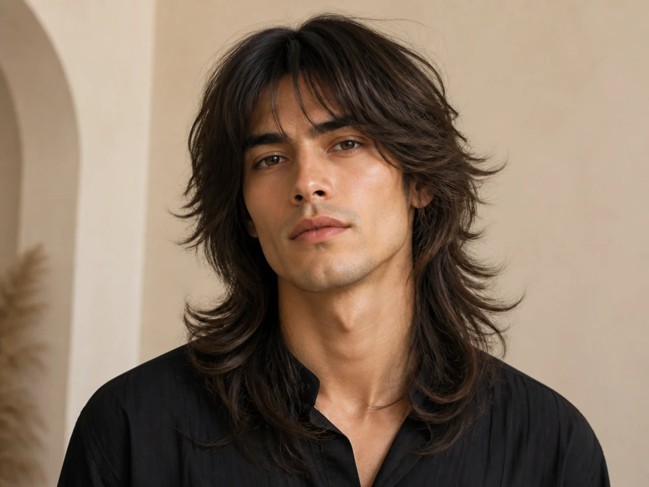 realistic photo of a long layered wolf cut, soft ash blonde hair color, styled for long face shape, sleek and sophisticated style