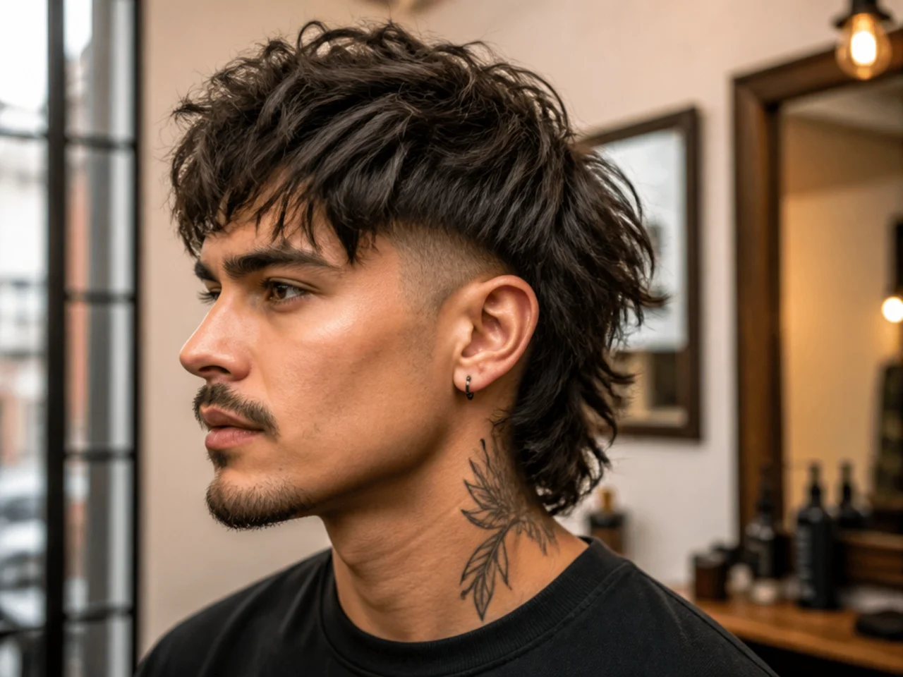 realistic photo of a choppy wolf cut with an undercut, medium brown hair color, flattering for triangular face shape, bold and contrasting style