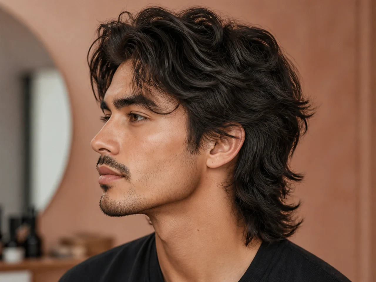 realistic photo of a high-volume wolf cut with defined layers, dark blonde hair color, suited for coarse hair type, lively and dynamic style