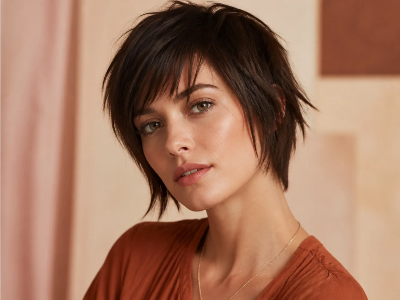 realistic photo of short hair styled with choppy layers and angled bangs. The hair is a warm chestnut, styled with a playful texture and movement.