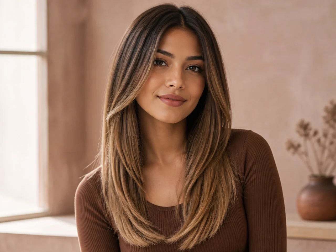 realistic photo of long straight hair with layered cut and ombre effect. The hair transitions from dark brown roots to a honey blonde at the tips, highlighted by soft layers.