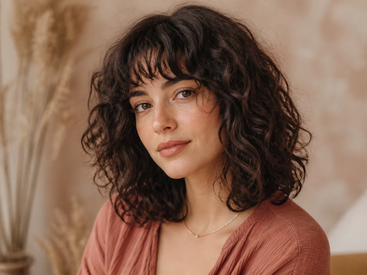 realistic photo of a curly lob with soft bangs. The hair is light brown with caramel highlights, bouncing freely with a natural texture.