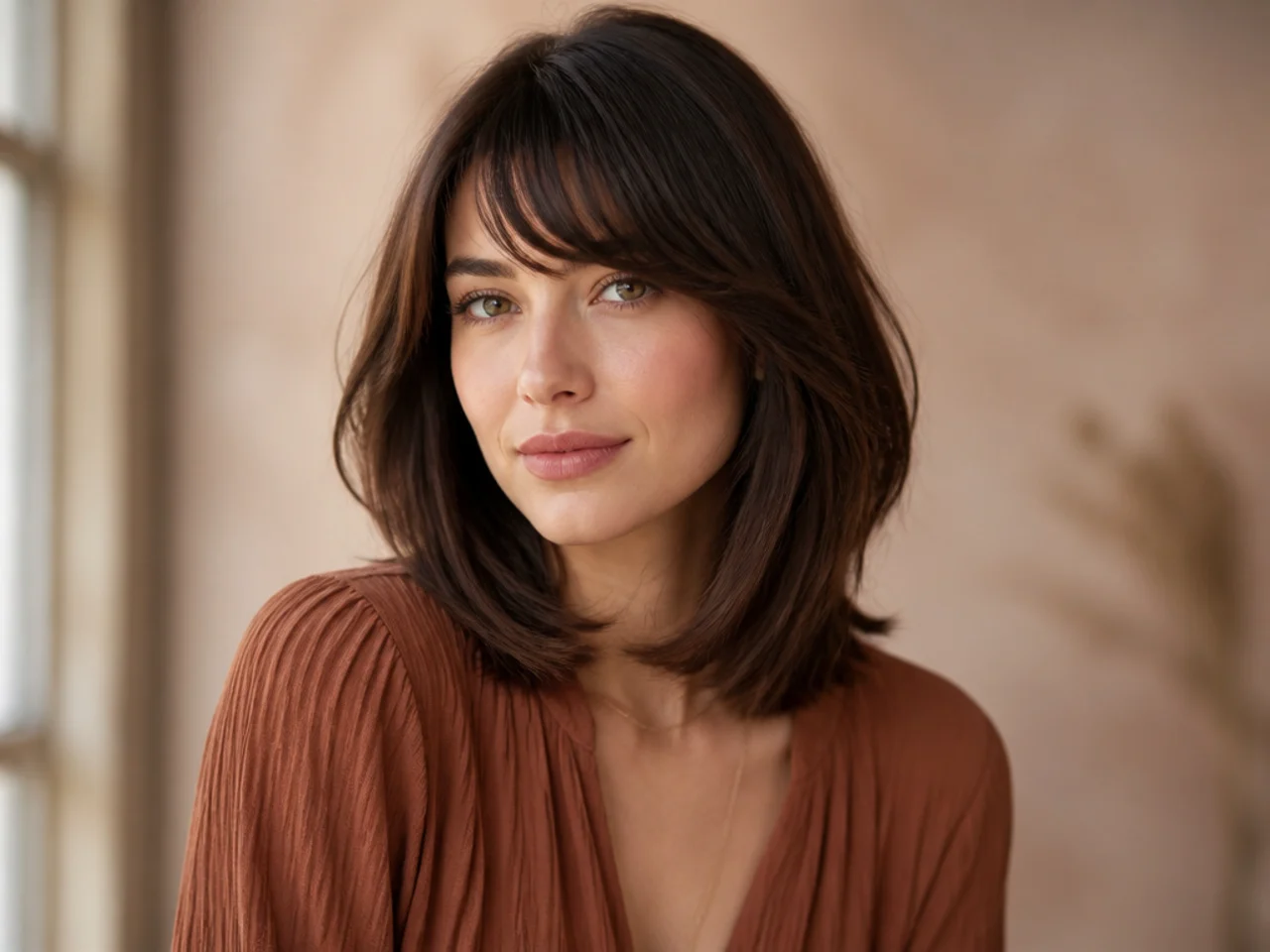 realistic photo of a long bob with side-swept bangs. The hair is a cool ash blonde, perfectly framing a rectangular face with soft layers and movement.