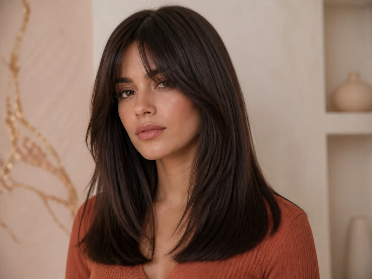 realistic photo of straight thick hair styled with wispy layers and blunt ends. The hair is a warm honey brown, looking sleek and shiny.