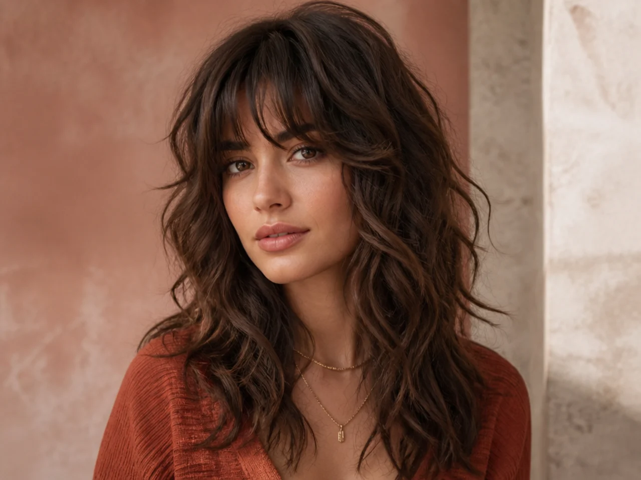 realistic photo of a long shag haircut with textured layers. The hair features beautiful waves and is a rich mahogany color, having a free-spirited look.