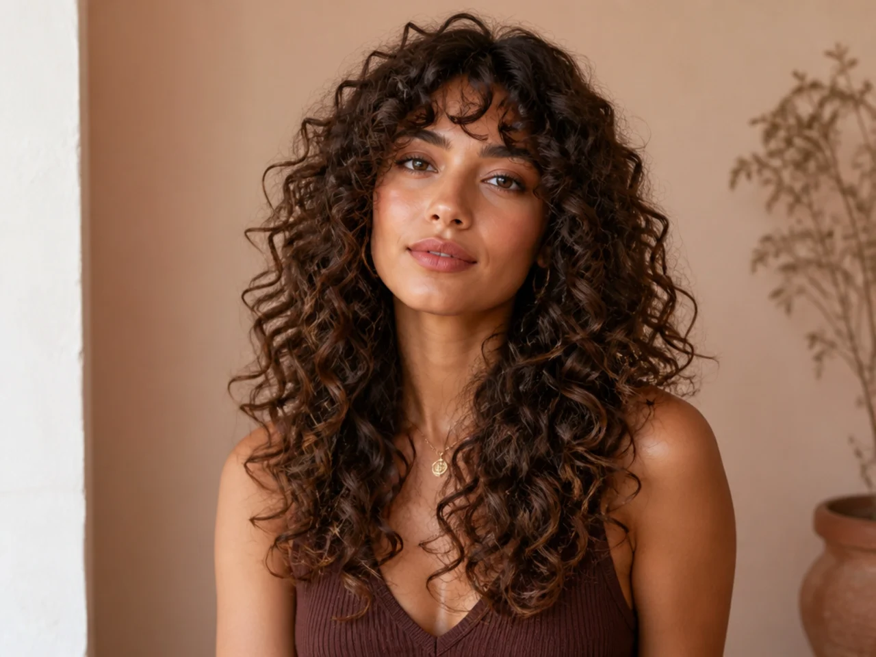 realistic photo of long curls with layers that have tapered ends. The hair is rich chestnut brown, with bouncy curls that highlight the shape of the face.