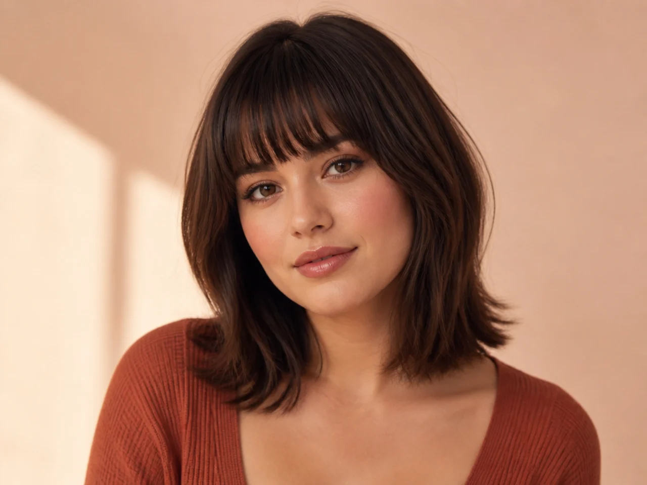 realistic photo of a shoulder-length layered haircut with blunt bangs. The hair is a rich chocolate brown, creating a flattering frame for a round face.