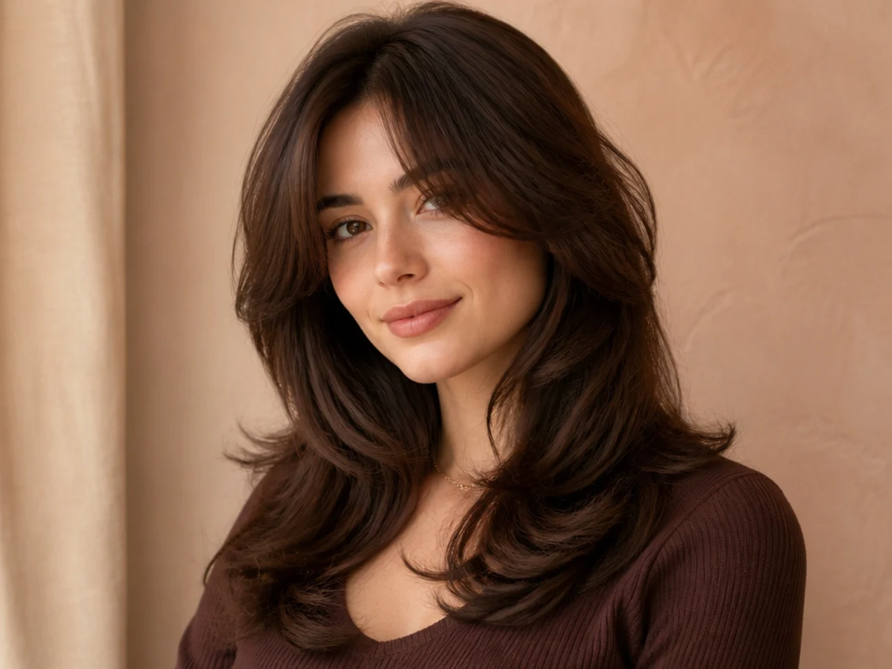 realistic photo of a thick hair with feathered layers. The hair is dark brown with sun-kissed highlights, flowing freely and full of movement.