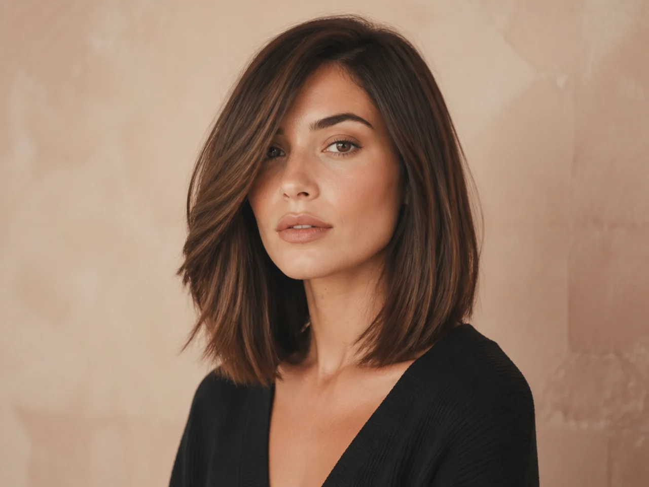 realistic photo of a blunt cut with subtle side layers. The hair is deep black, with a glossy finish that shows off the structure of the face.