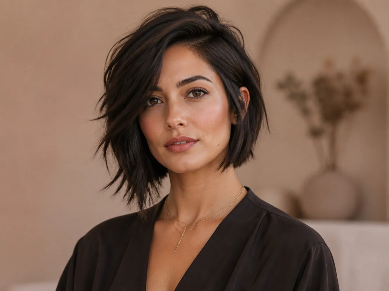 realistic photo of an asymmetrical bob with textured layers. The hair is platinum blonde, featuring striking contrast with the darker roots, creating a stylish look that highlights diamond face features.
