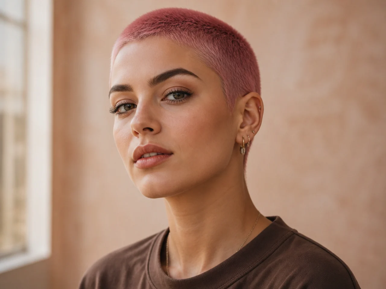 realistic photo of a buzz cut dyed bright teal on thick straight hair, suitable for all face shapes, styled with a shiny finish