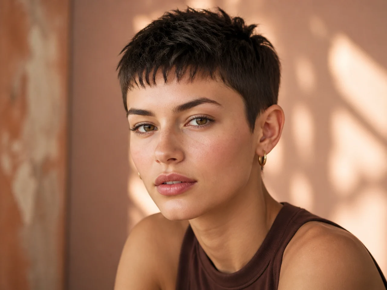 realistic photo of a textured buzz cut featuring a soft fringe on thick black hair, perfect for oval and square face shapes, styled piecey for dimension